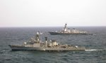 In the Pacific this April, the US Navy guided-missile destroyer USS McCampbell, furthest from camera, underway alongside the Republic of Korea Ulsan Class frigate ROKS Seoul during a passing exercise. The American warship recently intercepted a suspect North Korean vessel. Photo: US Navy.